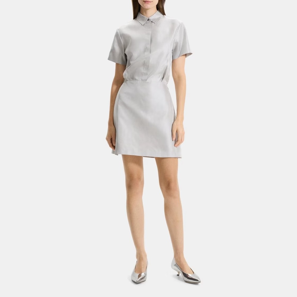 Theory A-Line Dress in Metallic 100% Silk Twill, Silver, XS (NWT)